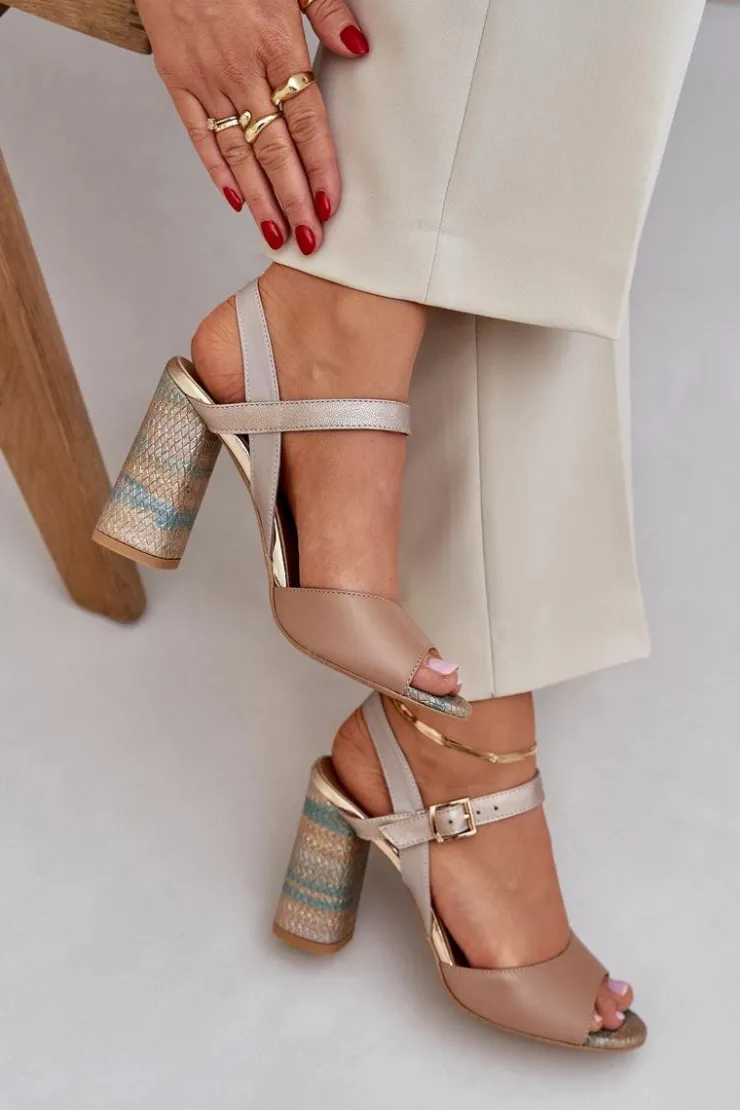 Damskie Laura Messi Skórzane Eleganckie Sandały Na Słupku 2136 Ciemnobeżowe