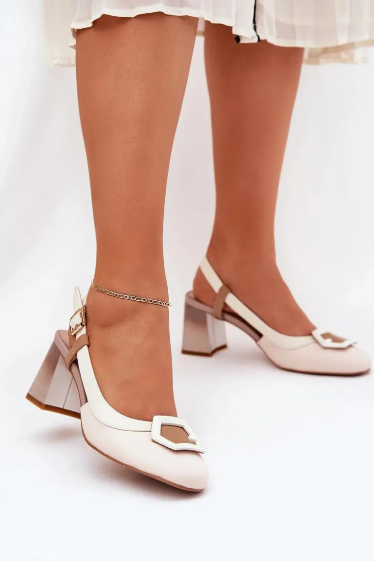 Best Damskie buty S.Barski Skórzane Eleganckie Sandały Damskie Na Słupku D&A CR51-569 Beżowe