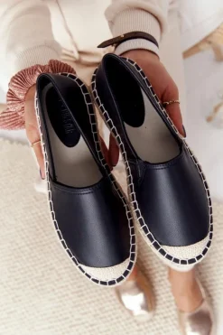 Damskie Big Star Shoes Skórzane Espadryle Na Plecionej Podeszwie Big Star HH274505 Czarne