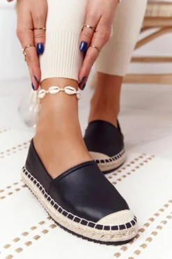 Damskie Big Star Shoes Skórzane Espadryle Na Plecionej Podeszwie Big Star HH274505 Czarne