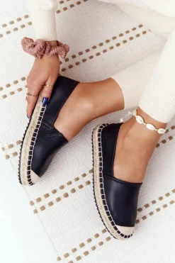 Damskie Big Star Shoes Skórzane Espadryle Na Plecionej Podeszwie Big Star HH274505 Czarne