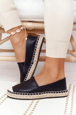 Damskie Big Star Shoes Skórzane Espadryle Na Plecionej Podeszwie Big Star HH274505 Czarne