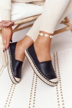 Damskie Big Star Shoes Skórzane Espadryle Na Plecionej Podeszwie Big Star HH274505 Czarne