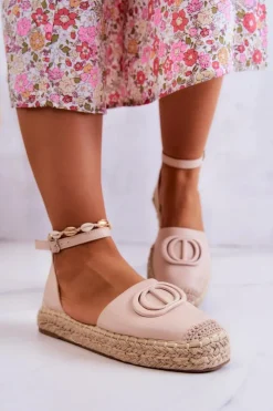 Boto Czarne Espadryle*Skórzane Espadryle Z Ozdobą Jasnobeżowe Nells