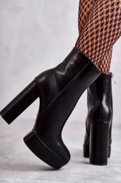 Boto Botki Ocieplane|Botki Na Słupku*Skórzane Gładkie Botki Na Słupku Czarne Kaysa