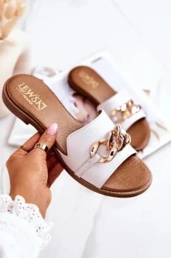 Boto Klapki Damskie Klasyczne*Skórzane Klapki Łańcuch Lewski 3052 Białe