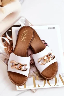 Boto Klapki Damskie Klasyczne*Skórzane Klapki Łańcuch Lewski 3052 Białe