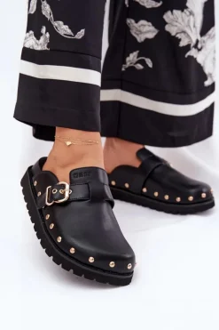 Damskie Big Star Shoes Skórzane Klapki Chodaki Damskie Na Platformie Big Star RR274A378 Czarne