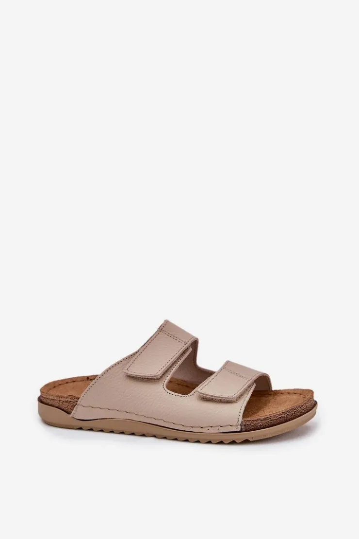 Hot INBLU Skórzane Klapki Damskie AA0005GU Beżowe