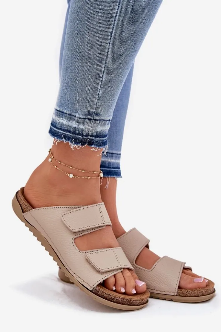 Hot INBLU Skórzane Klapki Damskie AA0005GU Beżowe