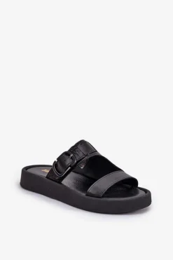 Clearance Zazoo Skórzane Klapki Damskie Na Platformie 3024 Czarne Czarny