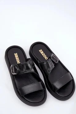 Clearance Zazoo Skórzane Klapki Damskie Na Platformie 3024 Czarne Czarny