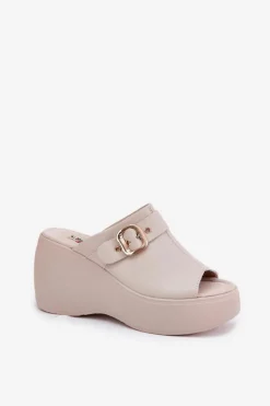 Damskie Damskie buty S.Barski Skórzane Klapki Damskie Na Platformie I Koturnie Z Klamrą S.Barski LR51-542 Beżowe