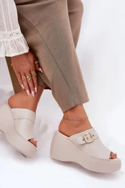 Damskie Damskie buty S.Barski Skórzane Klapki Damskie Na Platformie I Koturnie Z Klamrą S.Barski LR51-542 Beżowe