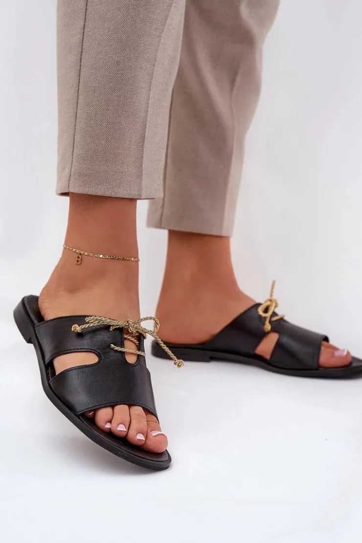 Damskie Zazoo Skórzane Klapki Damskie Na Płaskim Obcasie 3022 Czarne