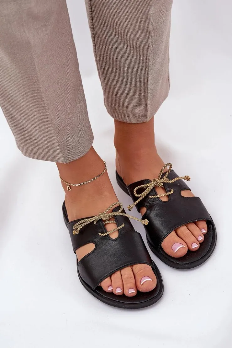 Damskie Zazoo Skórzane Klapki Damskie Na Płaskim Obcasie 3022 Czarne