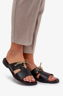 Damskie Zazoo Skórzane Klapki Damskie Na Płaskim Obcasie 3022 Czarne