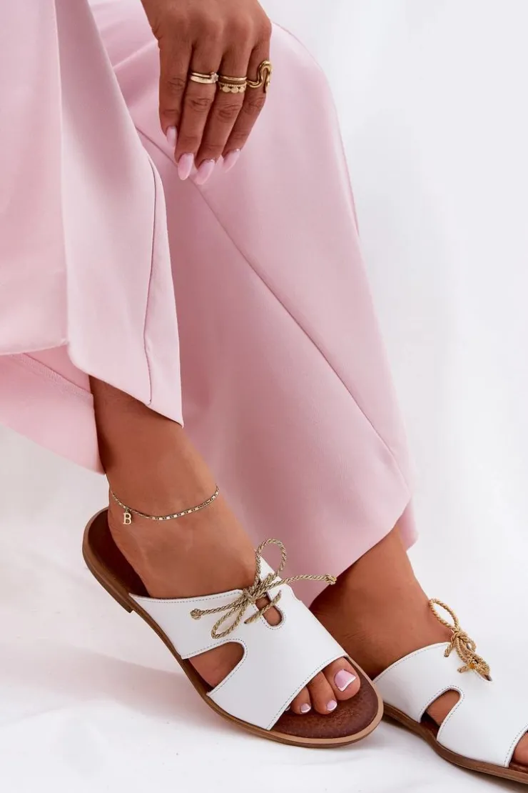 Clearance Zazoo Skórzane Klapki Damskie Na Płaskim Obcasie 3022 Białe Biały