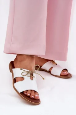 Clearance Zazoo Skórzane Klapki Damskie Na Płaskim Obcasie 3022 Białe Biały