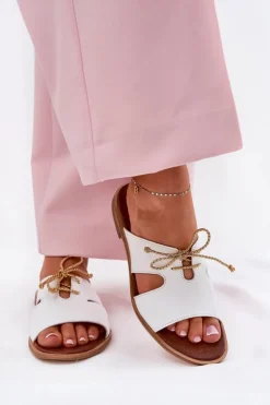 Clearance Zazoo Skórzane Klapki Damskie Na Płaskim Obcasie 3022 Białe Biały