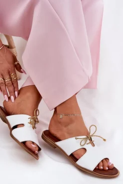 Clearance Zazoo Skórzane Klapki Damskie Na Płaskim Obcasie 3022 Białe Biały