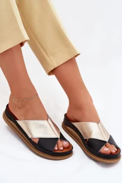 Clearance Maciejka Skórzane Klapki Damskie Na Platformie L4986-25 Złoto-Czarne