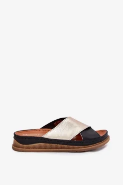 Clearance Maciejka Skórzane Klapki Damskie Na Platformie L4986-25 Złoto-Czarne