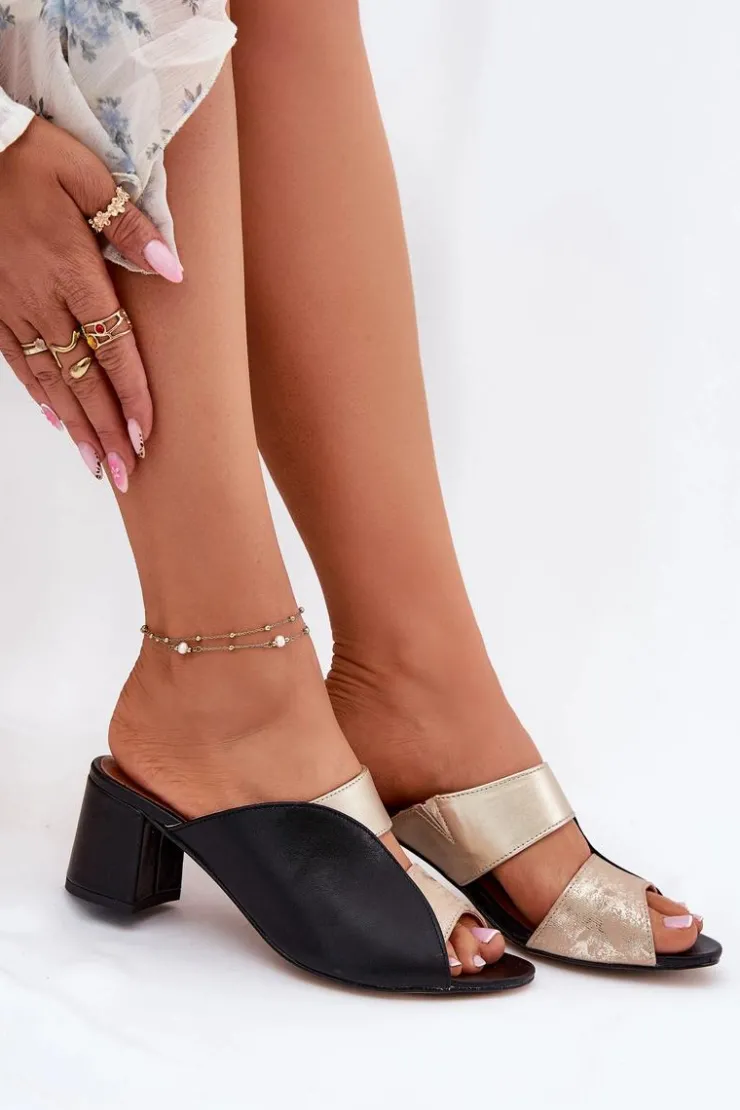 Damskie Maciejka Skórzane Klapki Damskie Na Słupku 06943-25 Czarno-Złote