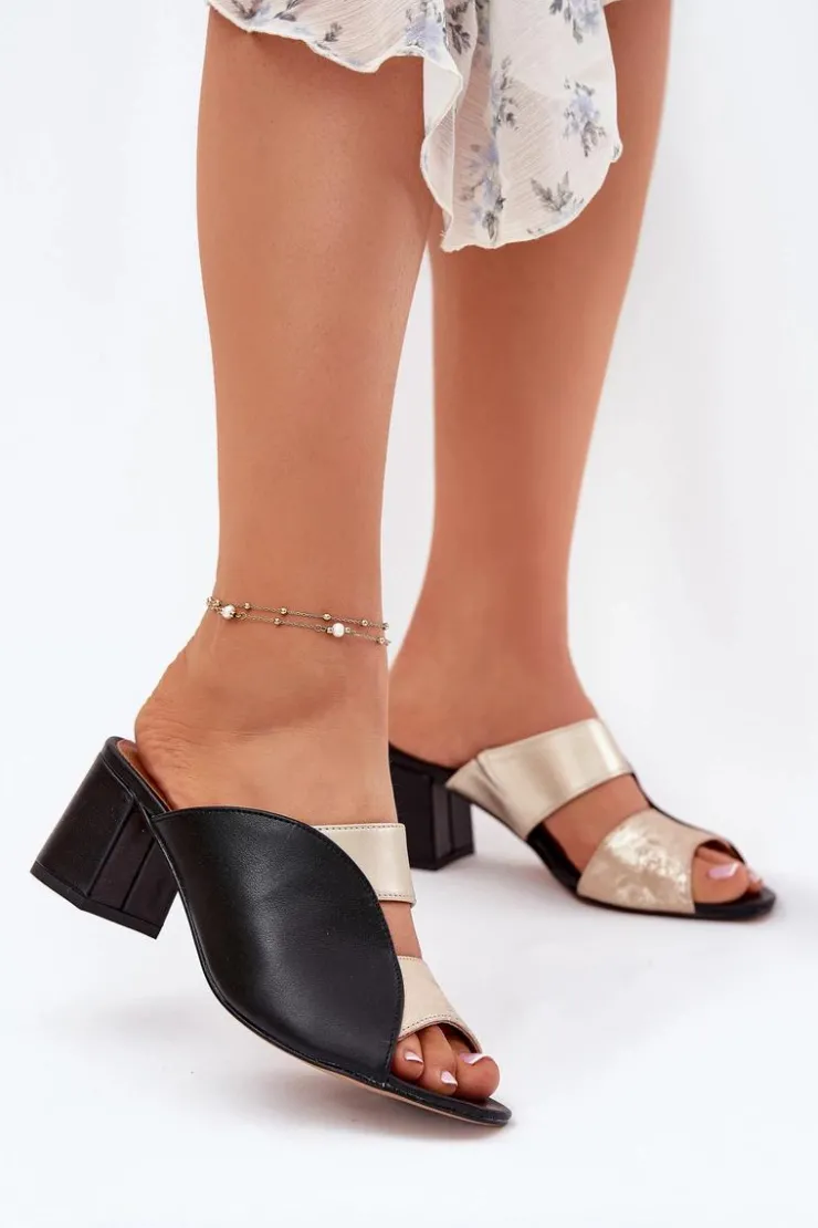 Damskie Maciejka Skórzane Klapki Damskie Na Słupku 06943-25 Czarno-Złote