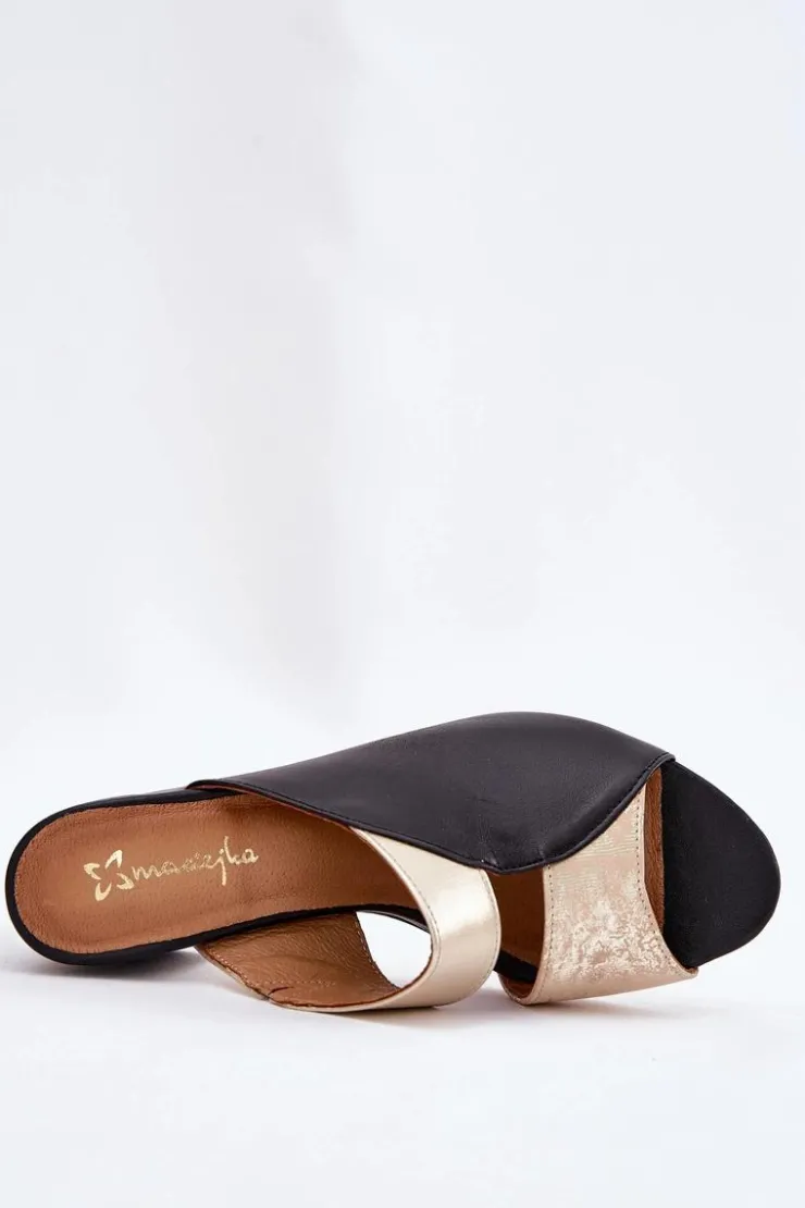 Damskie Maciejka Skórzane Klapki Damskie Na Słupku 06943-25 Czarno-Złote