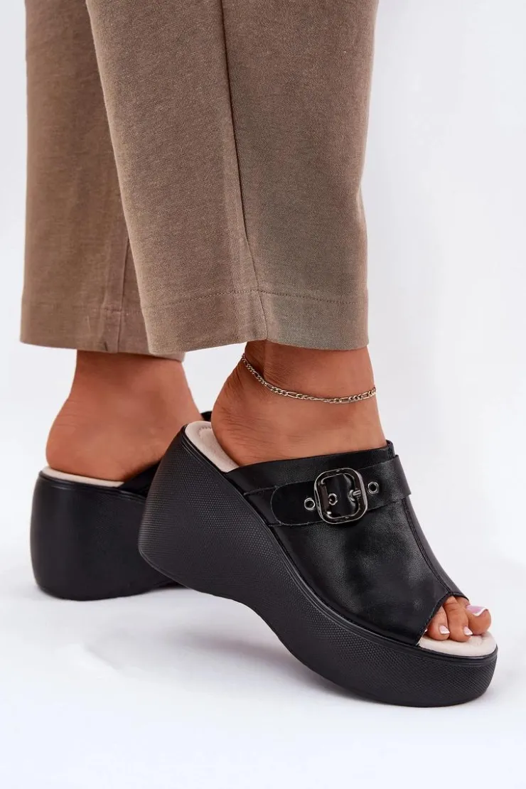 Damskie buty S.Barski Klapki Na Koturnie|Klapki Na Platformie*Skórzane Klapki Damskie Na Platformie I Koturnie Z Klamrą S.Barski LR51-542 Czarne Czarny