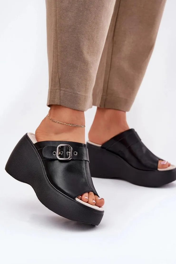 Damskie buty S.Barski Klapki Na Koturnie|Klapki Na Platformie*Skórzane Klapki Damskie Na Platformie I Koturnie Z Klamrą S.Barski LR51-542 Czarne Czarny