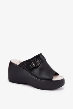 Damskie buty S.Barski Klapki Na Koturnie|Klapki Na Platformie*Skórzane Klapki Damskie Na Platformie I Koturnie Z Klamrą S.Barski LR51-542 Czarne Czarny