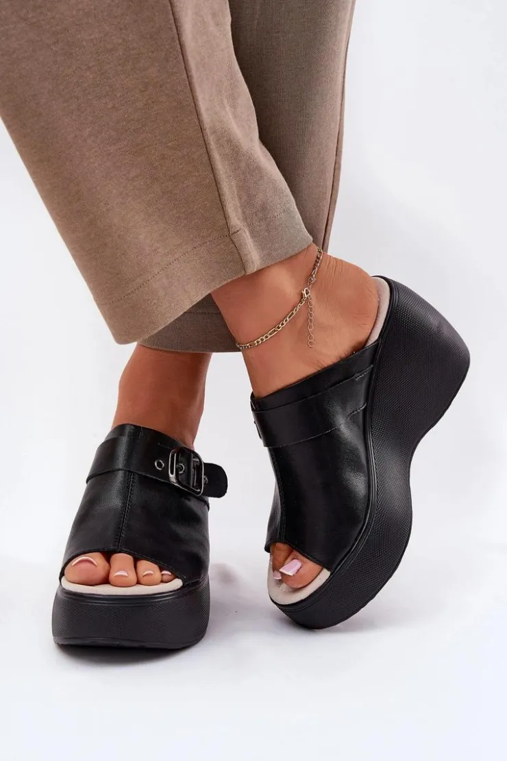 Damskie buty S.Barski Klapki Na Koturnie|Klapki Na Platformie*Skórzane Klapki Damskie Na Platformie I Koturnie Z Klamrą S.Barski LR51-542 Czarne Czarny