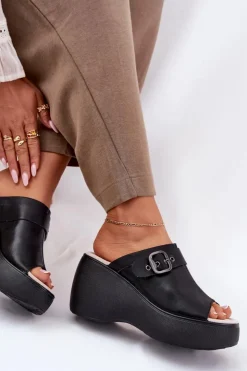 Damskie buty S.Barski Klapki Na Koturnie|Klapki Na Platformie*Skórzane Klapki Damskie Na Platformie I Koturnie Z Klamrą S.Barski LR51-542 Czarne Czarny