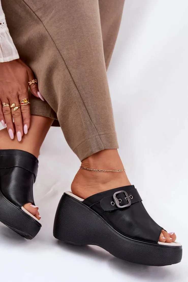 Damskie buty S.Barski Klapki Na Koturnie|Klapki Na Platformie*Skórzane Klapki Damskie Na Platformie I Koturnie Z Klamrą S.Barski LR51-542 Czarne Czarny