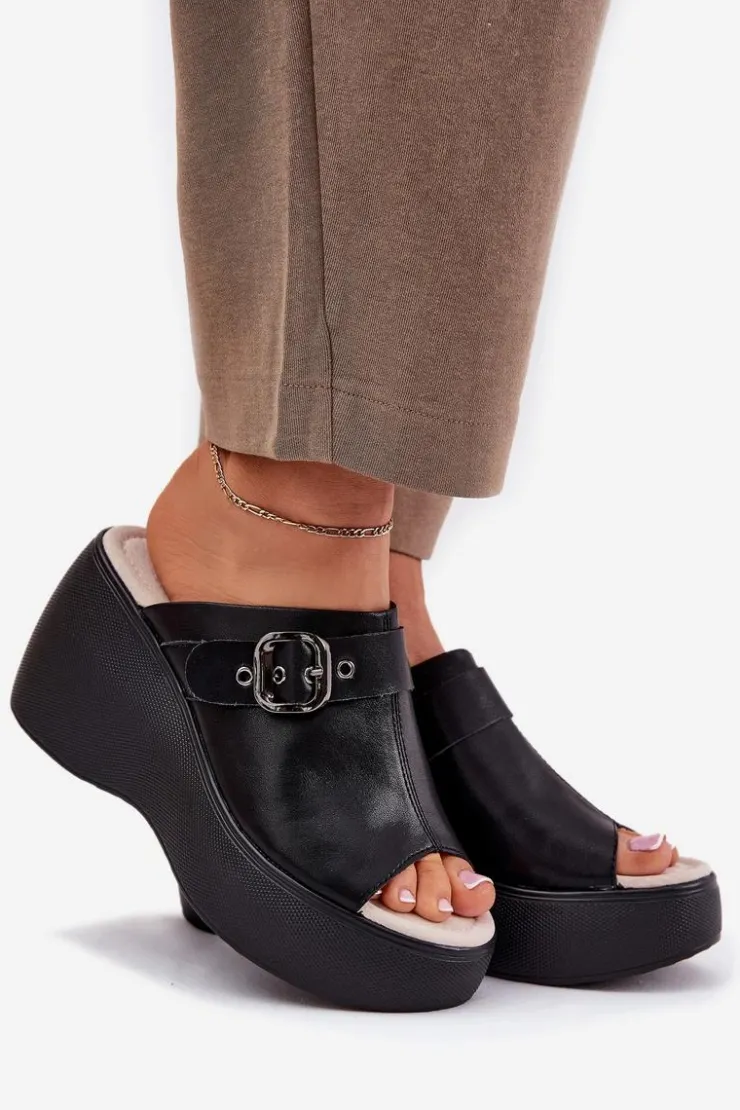 Damskie buty S.Barski Klapki Na Koturnie|Klapki Na Platformie*Skórzane Klapki Damskie Na Platformie I Koturnie Z Klamrą S.Barski LR51-542 Czarne Czarny