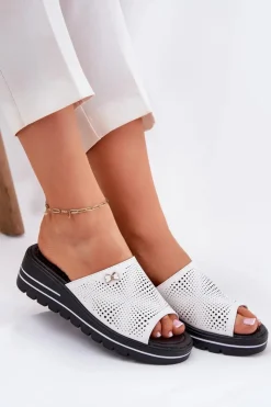 Sale Buty damskie Vinceza Skórzane Klapki Damskie Na Koturnie Vinceza 41477 Białe Biały