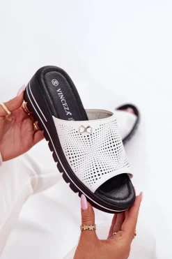 Sale Buty damskie Vinceza Skórzane Klapki Damskie Na Koturnie Vinceza 41477 Białe Biały