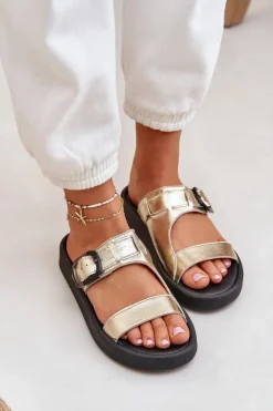 Zazoo Klapki Damskie Klasyczne*Skórzane Klapki Damskie Na Platformie 3024 Złote Złoty