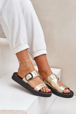 Zazoo Klapki Damskie Klasyczne*Skórzane Klapki Damskie Na Platformie 3024 Złote Złoty