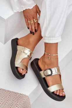 Zazoo Klapki Damskie Klasyczne*Skórzane Klapki Damskie Na Platformie 3024 Złote Złoty