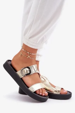 Zazoo Klapki Damskie Klasyczne*Skórzane Klapki Damskie Na Platformie 3024 Złote Złoty