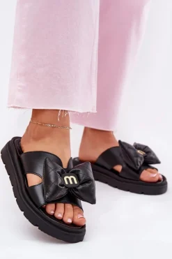 Damskie CheBello Skórzane Klapki Damskie Na Platformie Z Kokardą 4647 Czarne