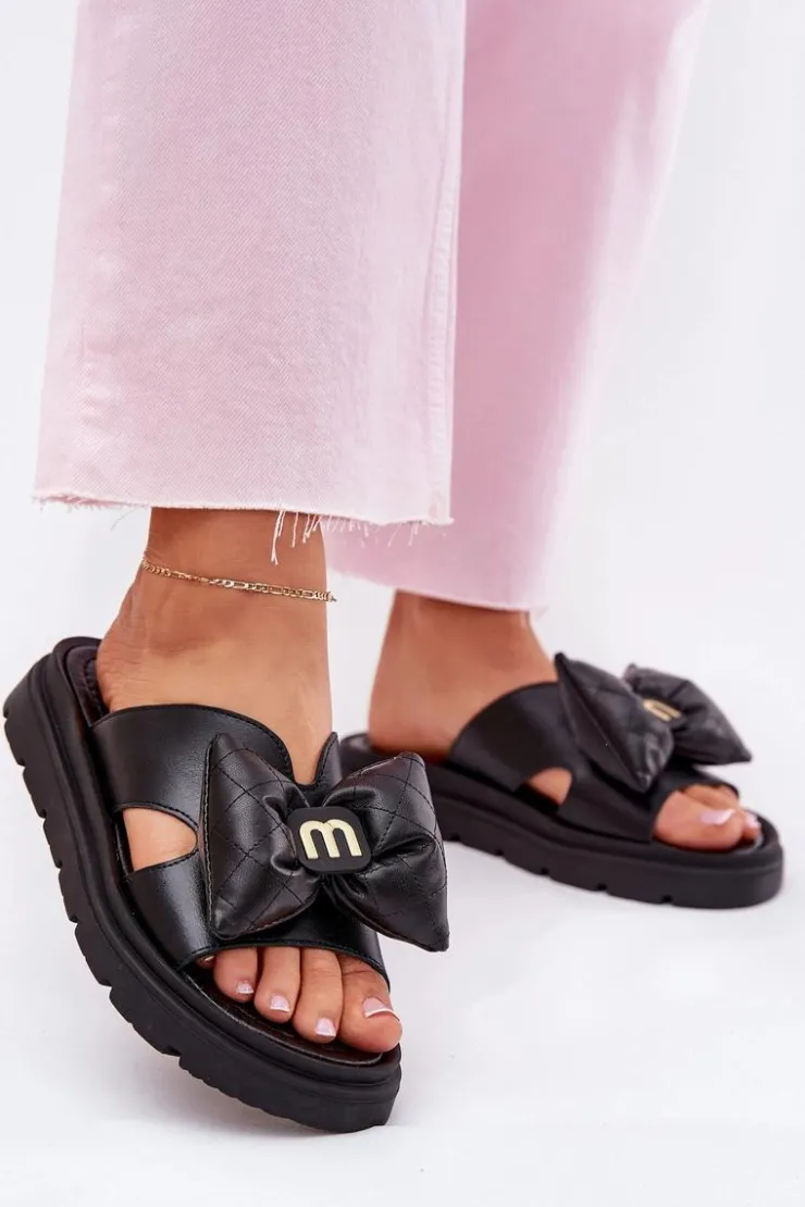 Damskie CheBello Skórzane Klapki Damskie Na Platformie Z Kokardą 4647 Czarne