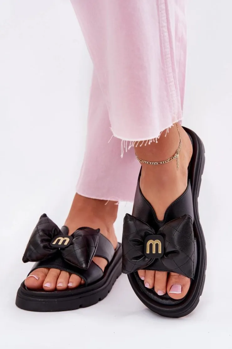 Damskie CheBello Skórzane Klapki Damskie Na Platformie Z Kokardą 4647 Czarne