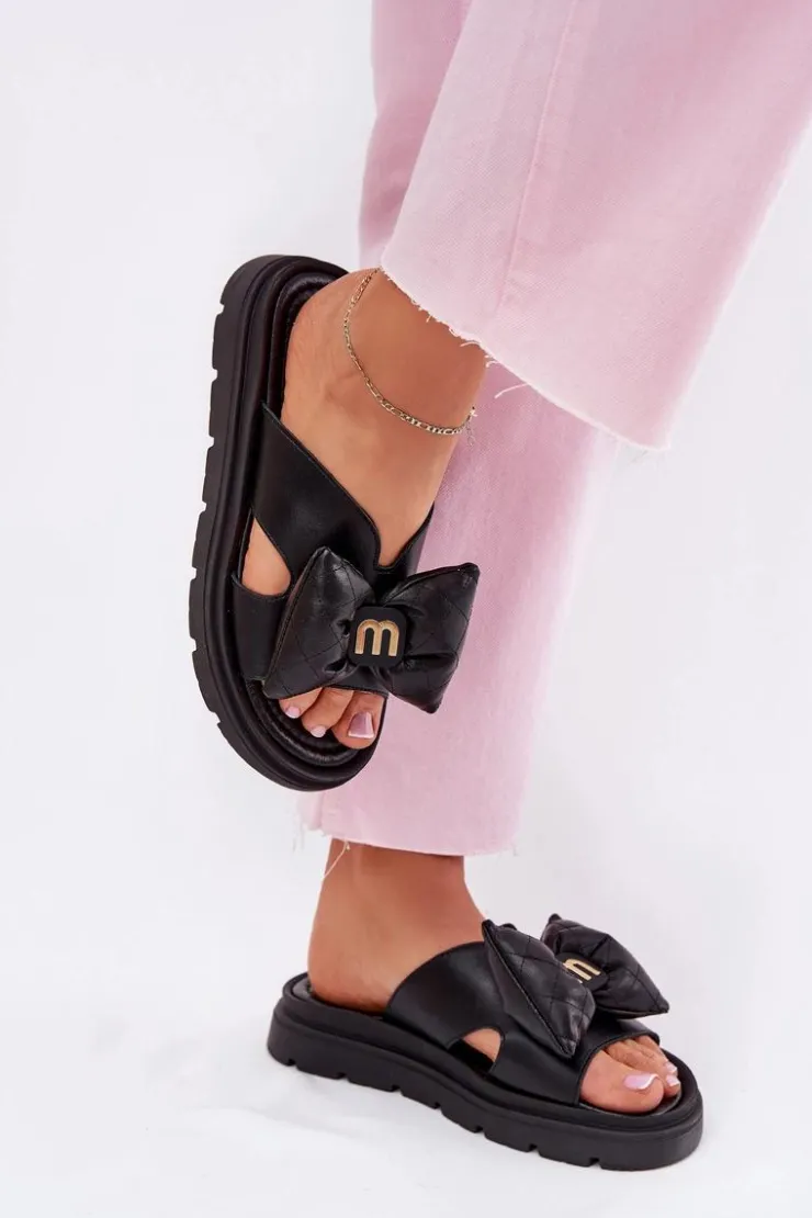 Damskie CheBello Skórzane Klapki Damskie Na Platformie Z Kokardą 4647 Czarne