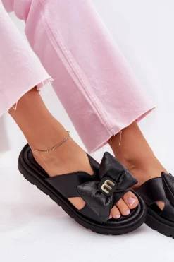 Damskie CheBello Skórzane Klapki Damskie Na Platformie Z Kokardą 4647 Czarne