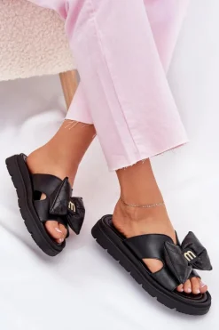 Damskie CheBello Skórzane Klapki Damskie Na Platformie Z Kokardą 4647 Czarne