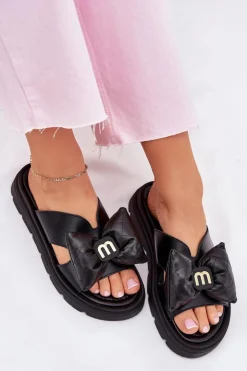 Damskie CheBello Skórzane Klapki Damskie Na Platformie Z Kokardą 4647 Czarne